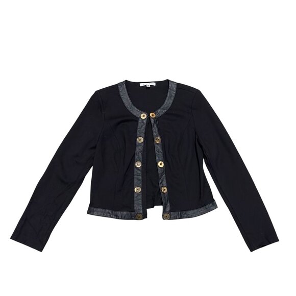 Cabi Black Button-Up Cardigan Jacket With Faux Leather Trim & Gold Buttons - Picture 1 of 8
